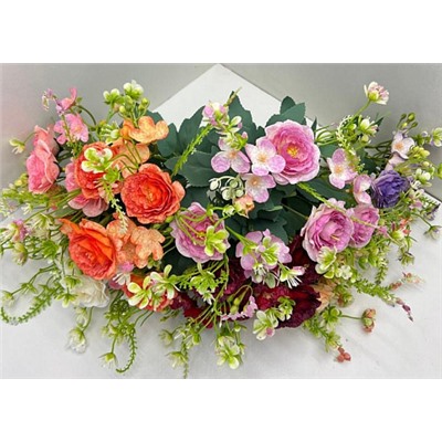 Цветы искусственные декоративные Розы 4 бутона + фиалки 3 цветка 30 см