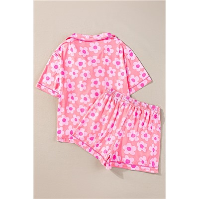 Pink Flower Print Short Sleeve Shirt Pajamas Set