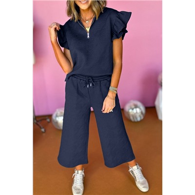 Navy Blue Textured Flutter Sleeve Top Wide Leg Pants Set