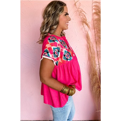 Strawberry Pink Geometric Embroidered Tassel Tie V Neck Blouse