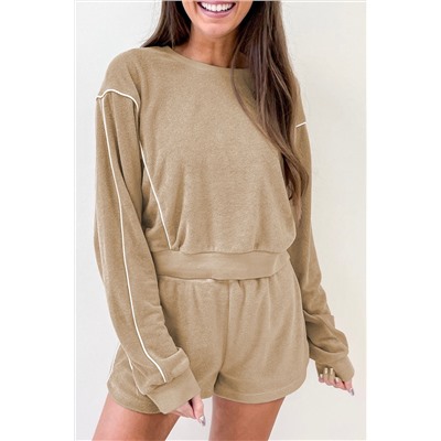 Khaki Piping Trim Long Sleeve Terry Shorts Set