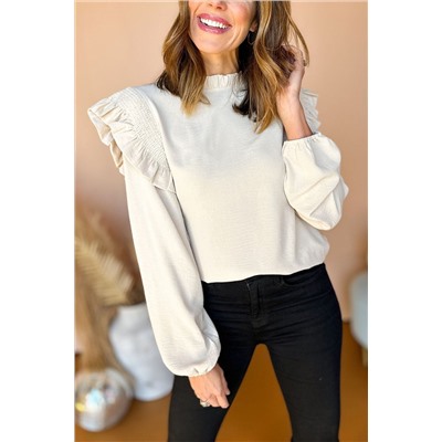 White Frilled Neck Ruffled Trim Bubble Sleeve Blouse