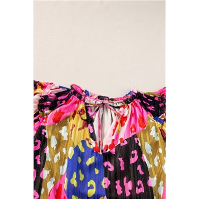 Rose Leopard Flutter Sleeve V Neck Crinkled Blouse