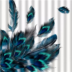 Штора с рисунком синие перья, в ванную комнату, без колец - полиэстэр 01-86 САНАКС