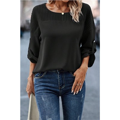 Black Roll Up Sleeve Stitching Detail Blouse