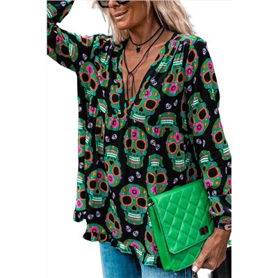 Black Sugar Skull Printed V Neck Babydoll Blouse