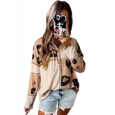 Leopard Print Exposed Seam Ribbed Patchwork Long Sleeve Top