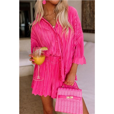 Rose 3/4 Sleeves Pleated Shirt and High Waist Shorts Lounge Set