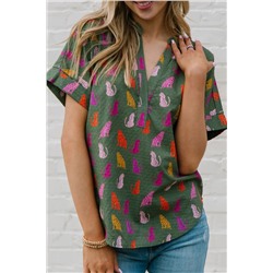 Blackish Green Cheetah Print Split V Neck Blouse