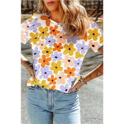 Orange Summer Flower Print Casual Round Neck T Shirt