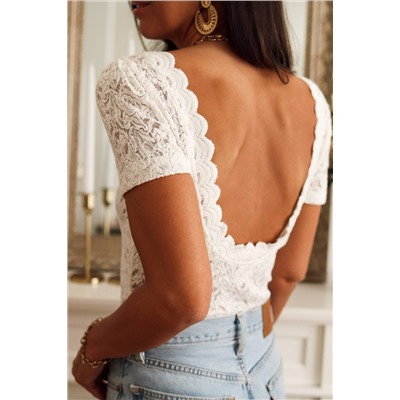 White Lace Short Sleeve Scalloped Trim Open Back Bodysuit