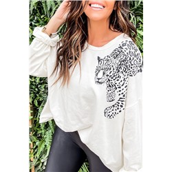 Beige Cheetah Pattern Drop Shoulder Long Sleeve Top