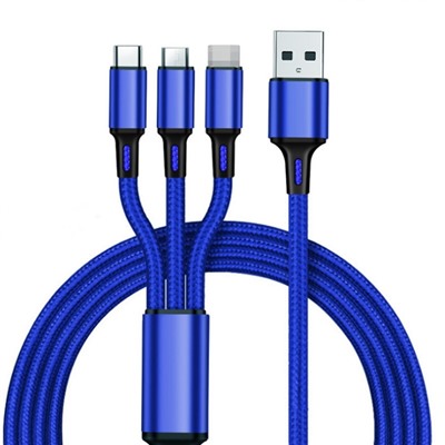 Кабель USB 3 в 1 для iOS + microUSB + type-С в тканой нейлоновой оплетке 1,2 метра