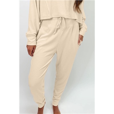 Apricot Ribbed Long Sleeve Drawstring Pants Set