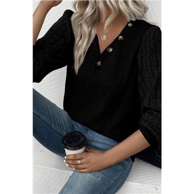 Black Buttoned V Neck Ribbed Puff Sleeve Top