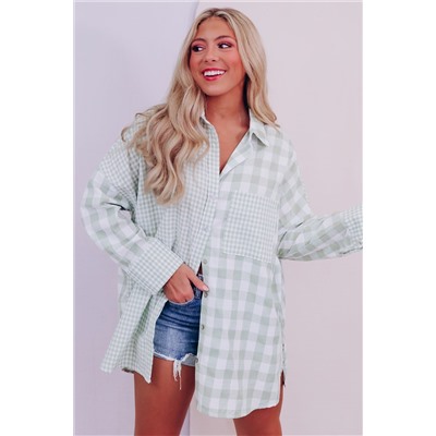 Green Pink Mix Checked Patchwork Long Sleeve Shirt