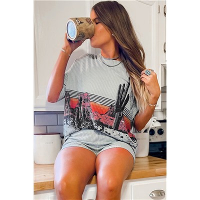 Gray Western Pattern Print Waffle Knit Two Piece Shorts Set