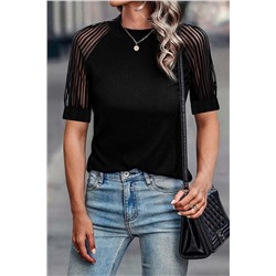 Black Striped Mesh Sleeve Crew Neck Ribbed T Shirt