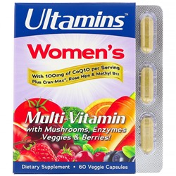 Ultamins, мультивитаминный комплекс для женщин с коэнзимом Q10, грибами, ферментами, овощами и ягодами, 60 растительных капсул