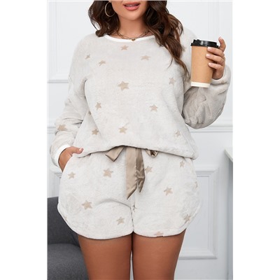 White Plus Size Plush Star Pattern Top and Shorts Set