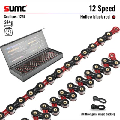 Велосипедная цепь SUMC 12 speed SX12SL Black Red 1/2"x11/128" 126L суперлайт 244 г (SHIMANO M9100 / KMC DLXC12) ГОСТ 30442-97 ISO 9633 /уп 10/