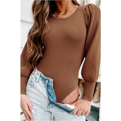 Brown Ribbed Balloon Sleeve Bodysuit