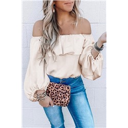 Oatmeal Ruffle Overlay Puff Sleeve Blouse