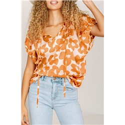 Orange Satin Floral Puff Sleeve Tied Split Neck Top