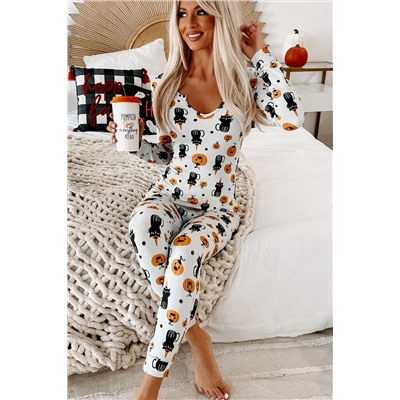 White Spooky Halloween Printed Long Slim Fit Lounge Set