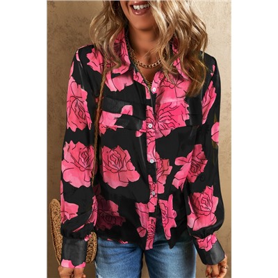 Black Floral Print Pleated Detail Puff Sleeve Shirt