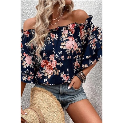 Blue Ruffle Off Shoulder Flounce Sleeve Floral Blouse