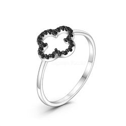 Кольцо из серебра с натуральной чёрной шпинелью родированное - Клевер, четырехлистник 925 пробы к-7351чр416
