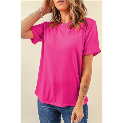 Rose Red Casual Plain Crew Neck Tee