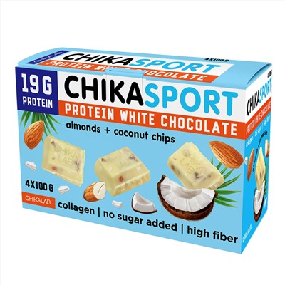 Протеиновый шоколад без сахара - Белый шоколад с миндалём и кокосовыми чипсами
