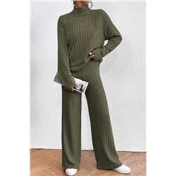 Jungle Green Ribbed Knit High Neck Loose Top and Pants Set