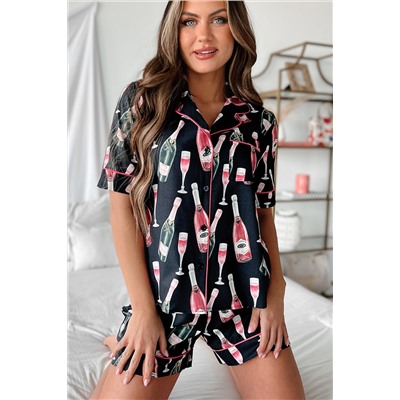 Black Champagne Print Silky Short Sleeve Pajamas Set