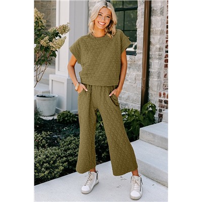 Sage Green Quilted Short Sleeve Wide Leg Pants Set