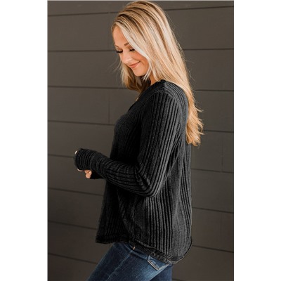 Black V Neck Buttoned Ribbed Knit Top