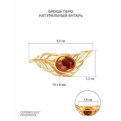 Брошь из золочёного серебра с натуральным янтарём - Перо бр-010з440