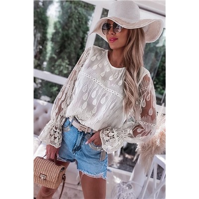 Beige Embroidered Mesh Flounce Sleeve Blouse