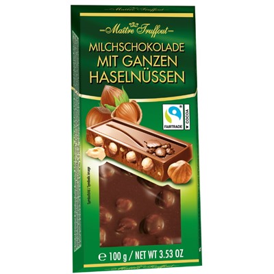 Молочный шоколад с цельным фундуком Maitre Truffout Milk chocolate with whole hazelnuts 100 гр