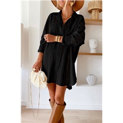 Black Lace Crochet Collared Tunic Oversized Shirt