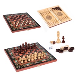 Настольная игра 3 в 1 "Цветы": шахматы, шашки, нарды, деревянные большие 50 х 50 см