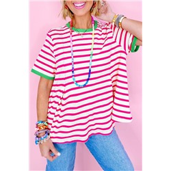 Rose Stripe Contrast Trim Crew Neck Loose Short Sleeve Top