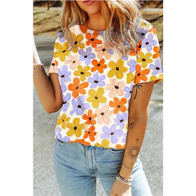 Orange Summer Flower Print Casual Round Neck T Shirt