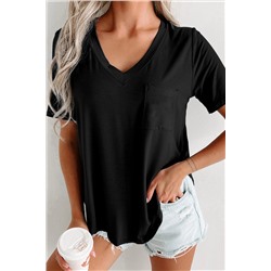 Black V Neck Pocketed Rounded Hem Tee