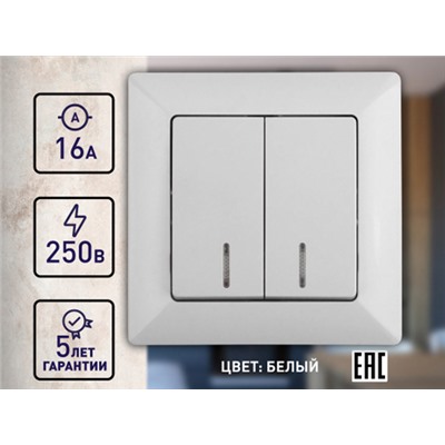 Выключатель Intro Solo 4-105-01 двухклавишный с подсветкой, 10А-250В, IP20, СУ, белый