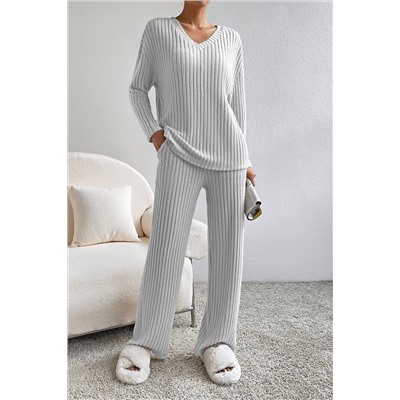 Light Grey Ribbed Knit V Neck Slouchy Two-piece Outfit