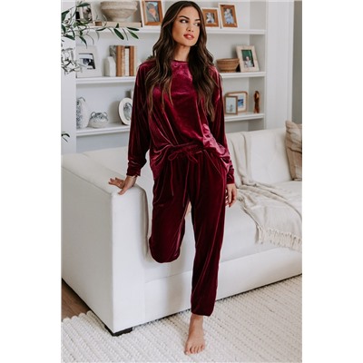 Fiery Red Solid Velvet Two Piece Lounge Set