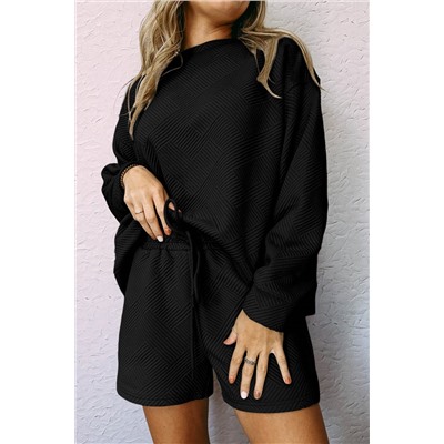 Black Textured Long Sleeve Top and Drawstring Shorts Set